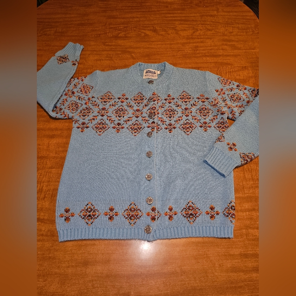 Vintage AMANA Woolen Mills Knit Sweater Women Blue 36 Small Medium Cardigan